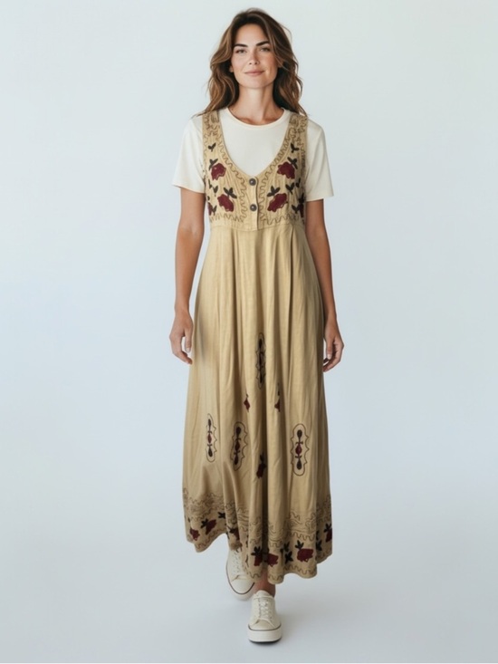 None Dresses & Skirts - Vintage Boho Embroidered Applique Beige Floral Jumper Maxi Dress Womens size XL